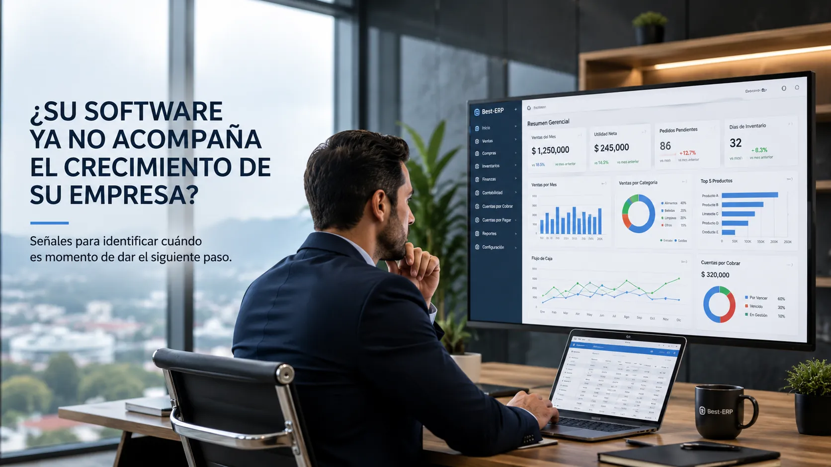 Gerente revisando indicadores de su empresa mientras evalúa si su software administrativo sigue siendo adecuado para el crecimiento del negocio